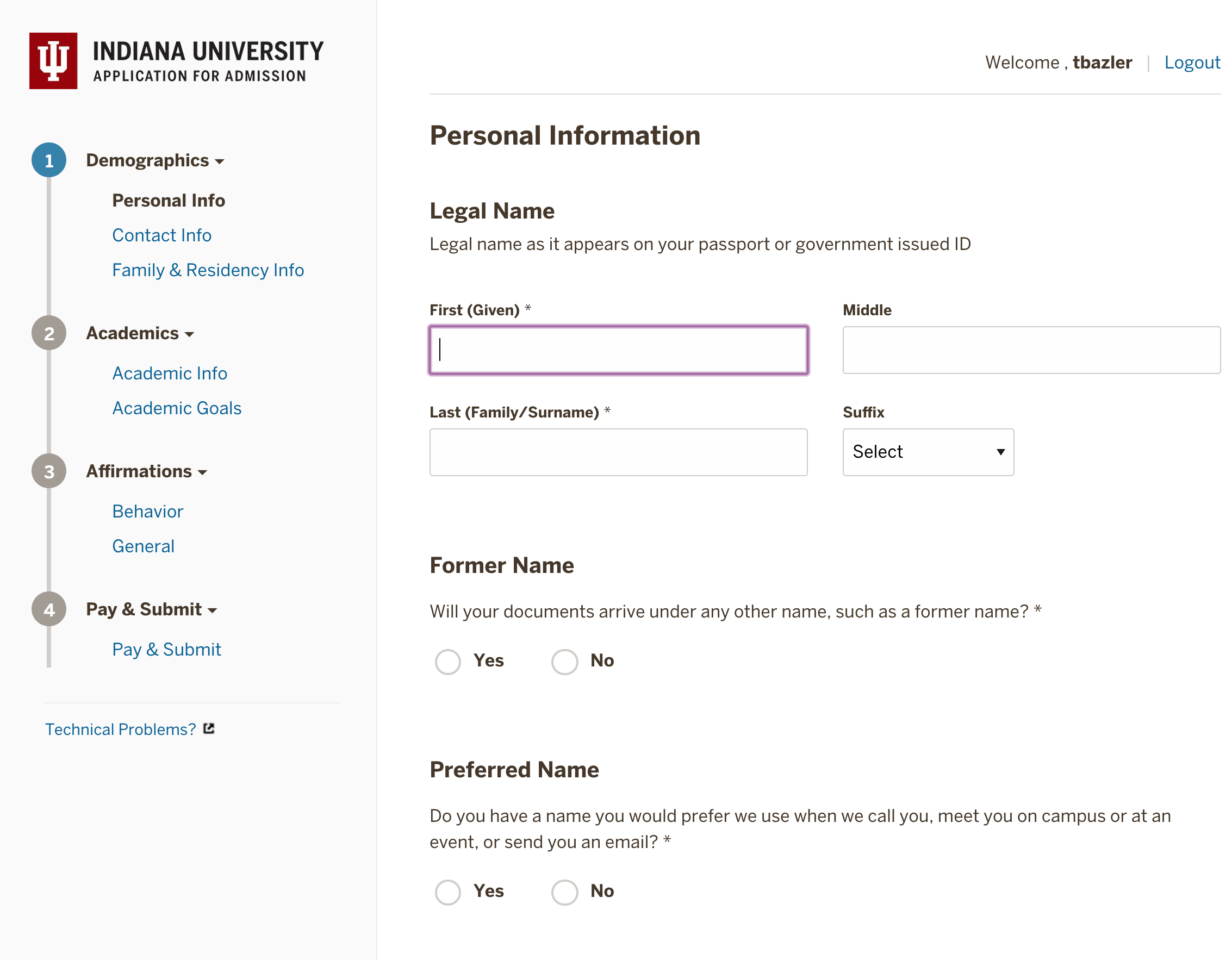 Personal Information screen - new apply IU